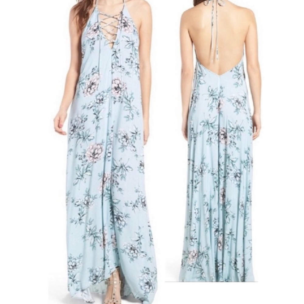 Halter Maxi Flowy Boho Fairy Wildflower Dress Open Back